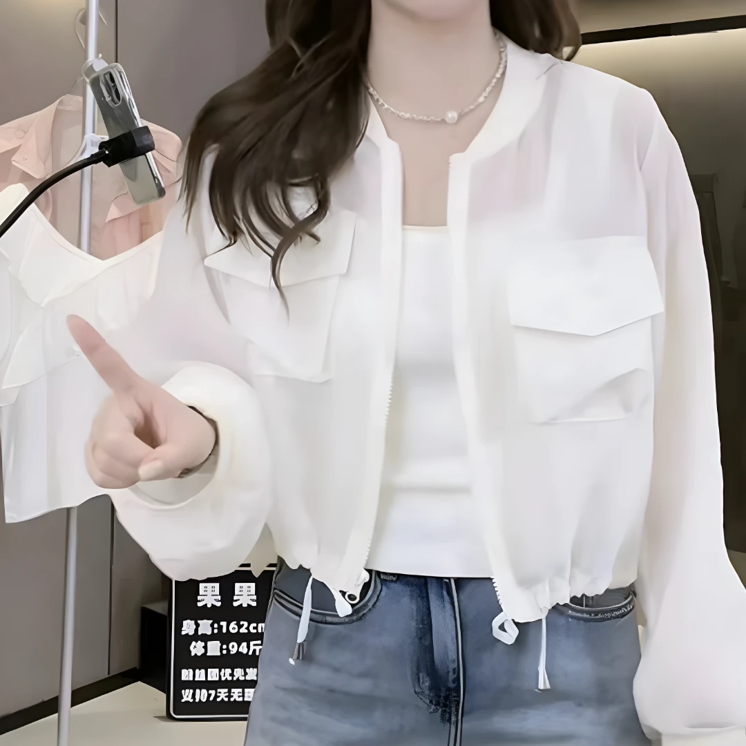 2023年夏季新款抽绳收腰短款薄款宽松防晒衣外套女+显瘦阔腿短裤
