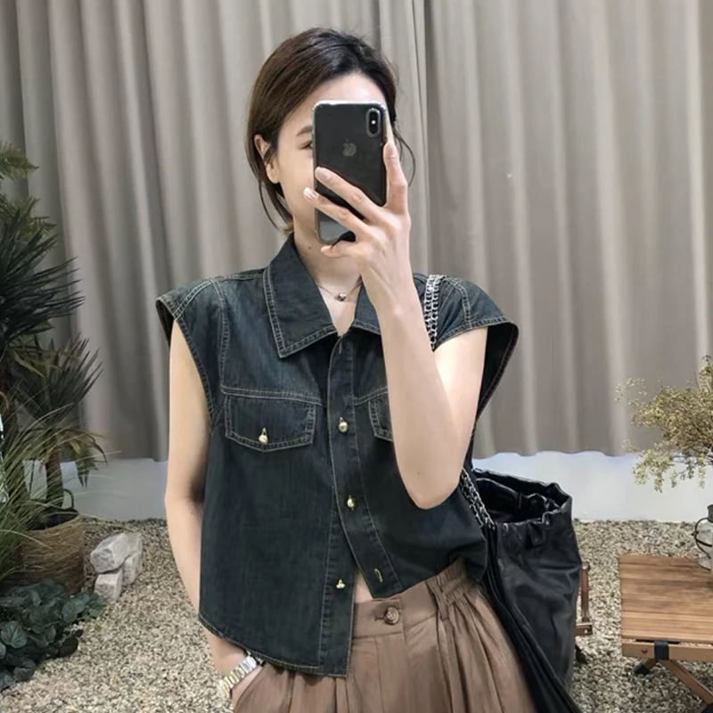 牛仔小外套上衣新款无袖POLO领复古百搭牛仔短外套女