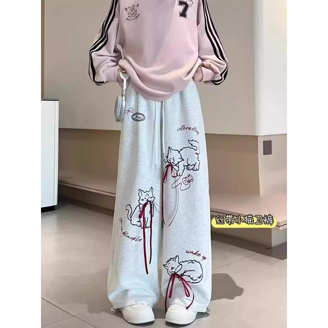 设计感猫咪印花蝴蝶结休闲卫裤女秋冬新款宽松显瘦慵懒风阔腿长裤