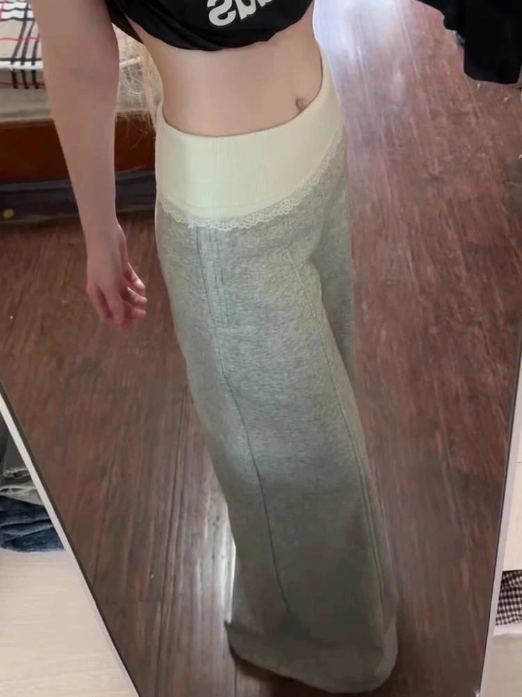 针织蕾丝拼接宽松休闲裤女秋冬新款运动直筒高腰显瘦拖地阔腿卫裤