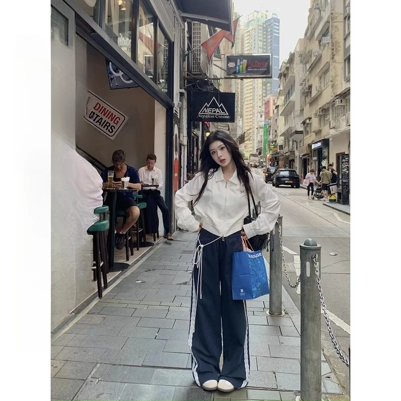 2024春秋时尚气质系绳设计感蕾丝拼接垂感直筒休闲裤女显瘦长裤