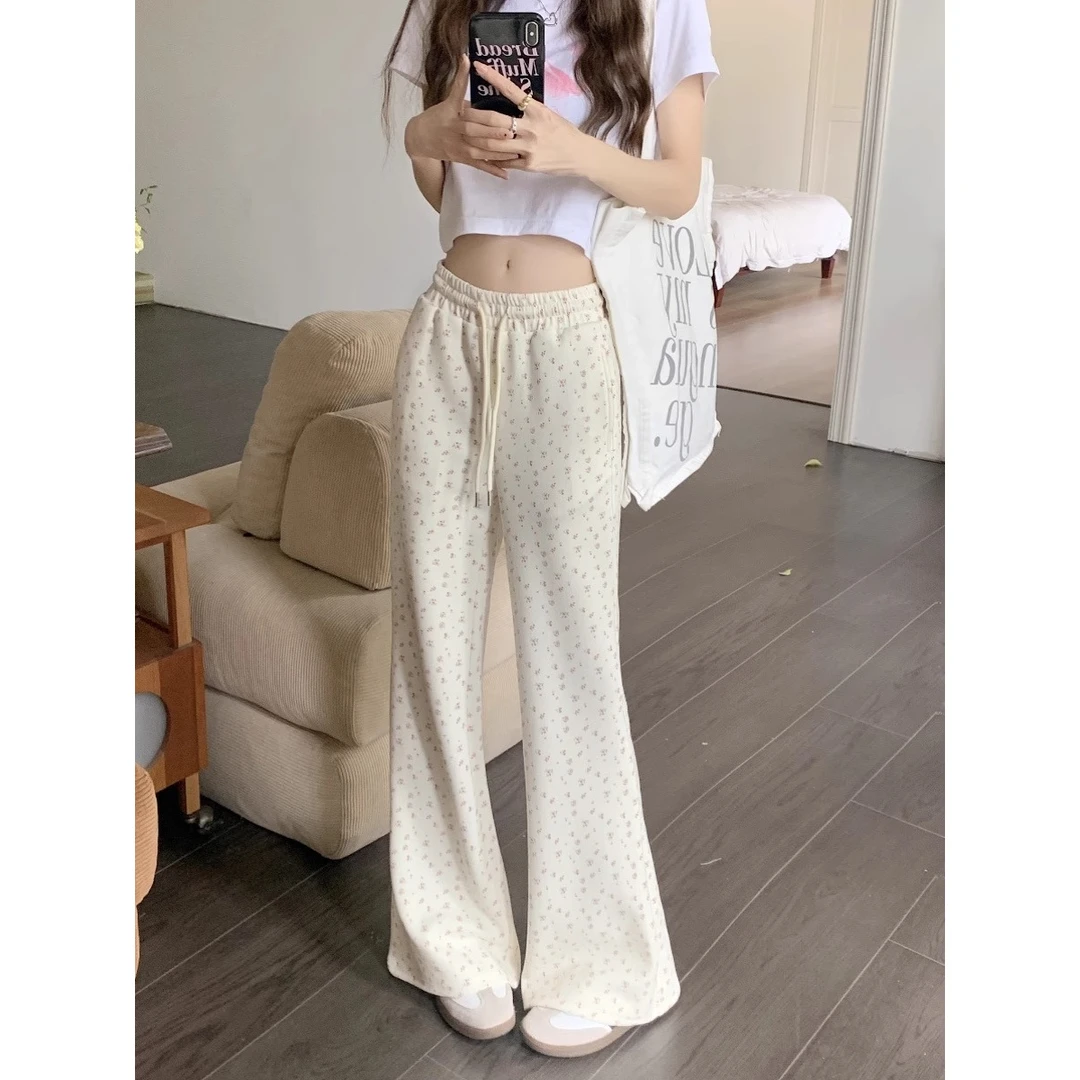 慵懒风碎花微喇休闲裤女秋冬新款宽松阔腿垂感拖地显高显瘦马蹄裤