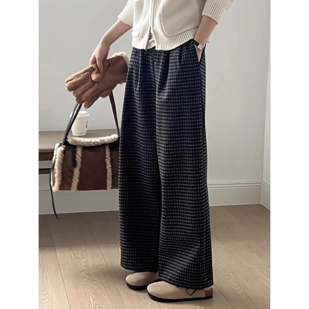 韩系毛呢格子阔腿裤女2024秋冬新款高腰显瘦休闲垂感百搭直筒长裤