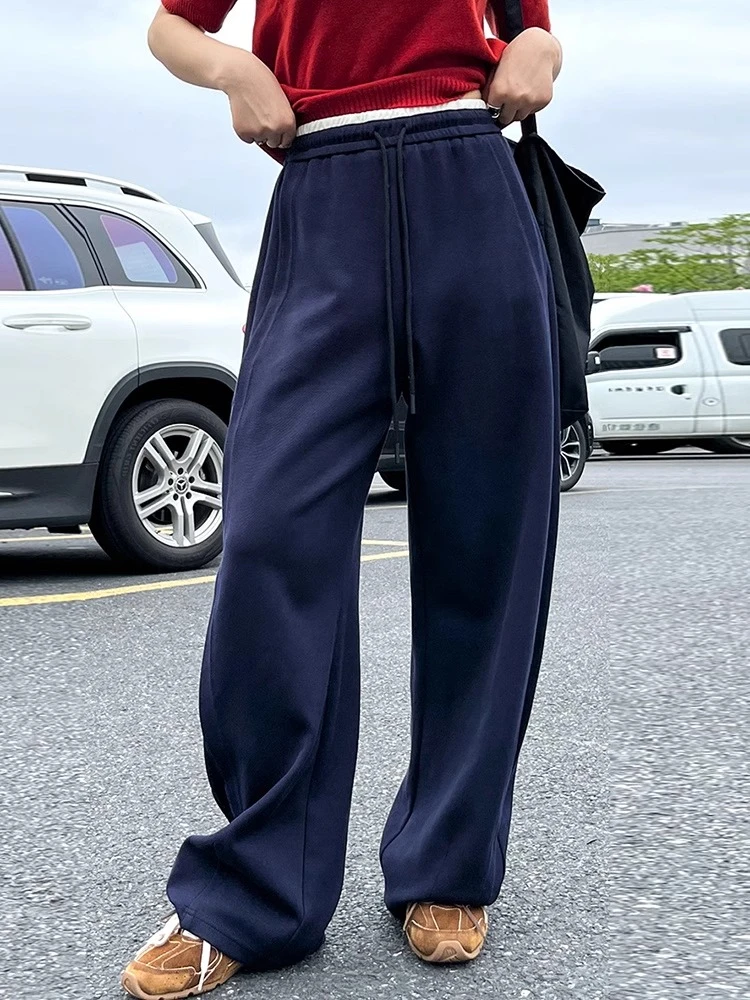 松紧撞色高腰直筒阔腿裤女秋冬新款宽松休闲垂感拖地弯刀运动长裤
