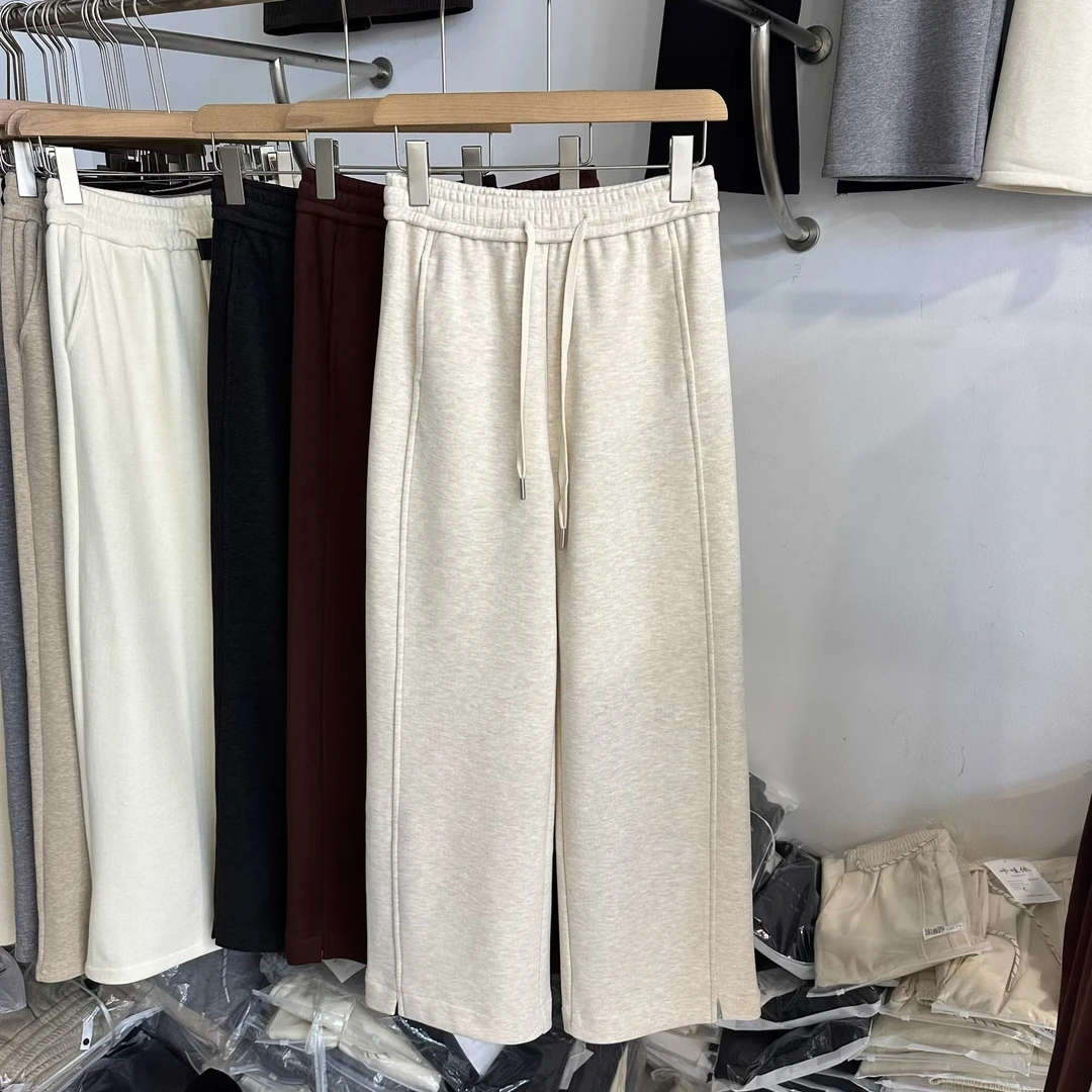 韩系松紧腰毛呢垂感阔腿裤女2024秋冬新款宽松休闲拖地直筒休闲裤