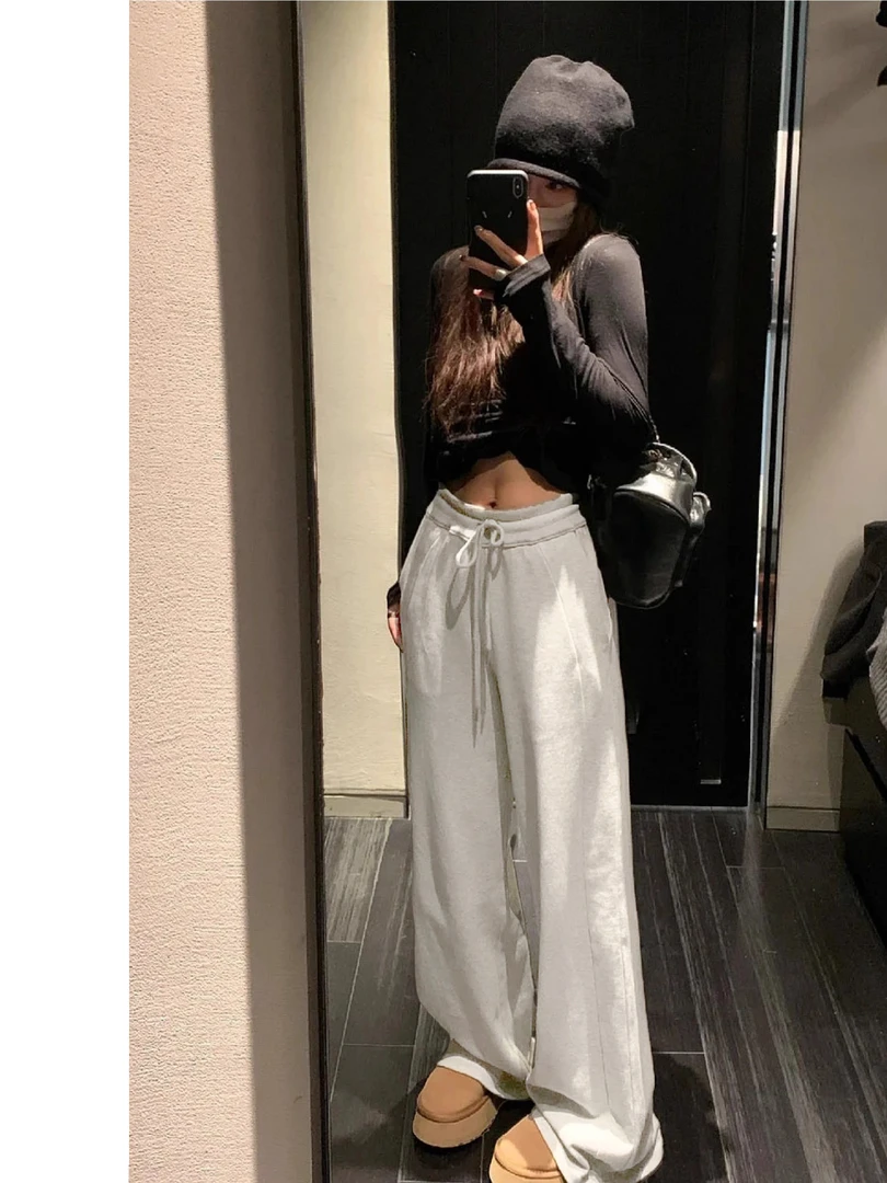 白花灰直筒卫裤女2024秋冬新款高腰宽松显瘦休闲窄版阔腿lulu神裤