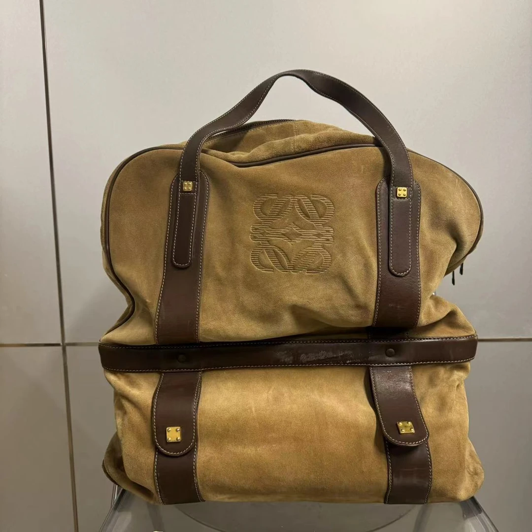 95新 LOEWE/罗意威 大号麂皮拼牛皮沙色休闲包男包手提包
