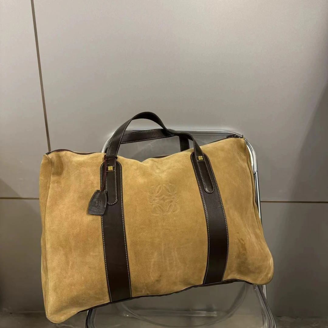 95新 LOEWE/罗意威 50底长麂皮拼牛皮沙色休闲包男包手提包