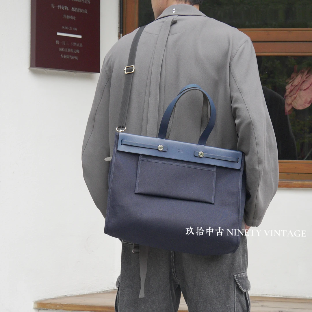 95新 Hermes/爱马仕 HERMES 蓝色 herbag cavas 托特包 手提包
