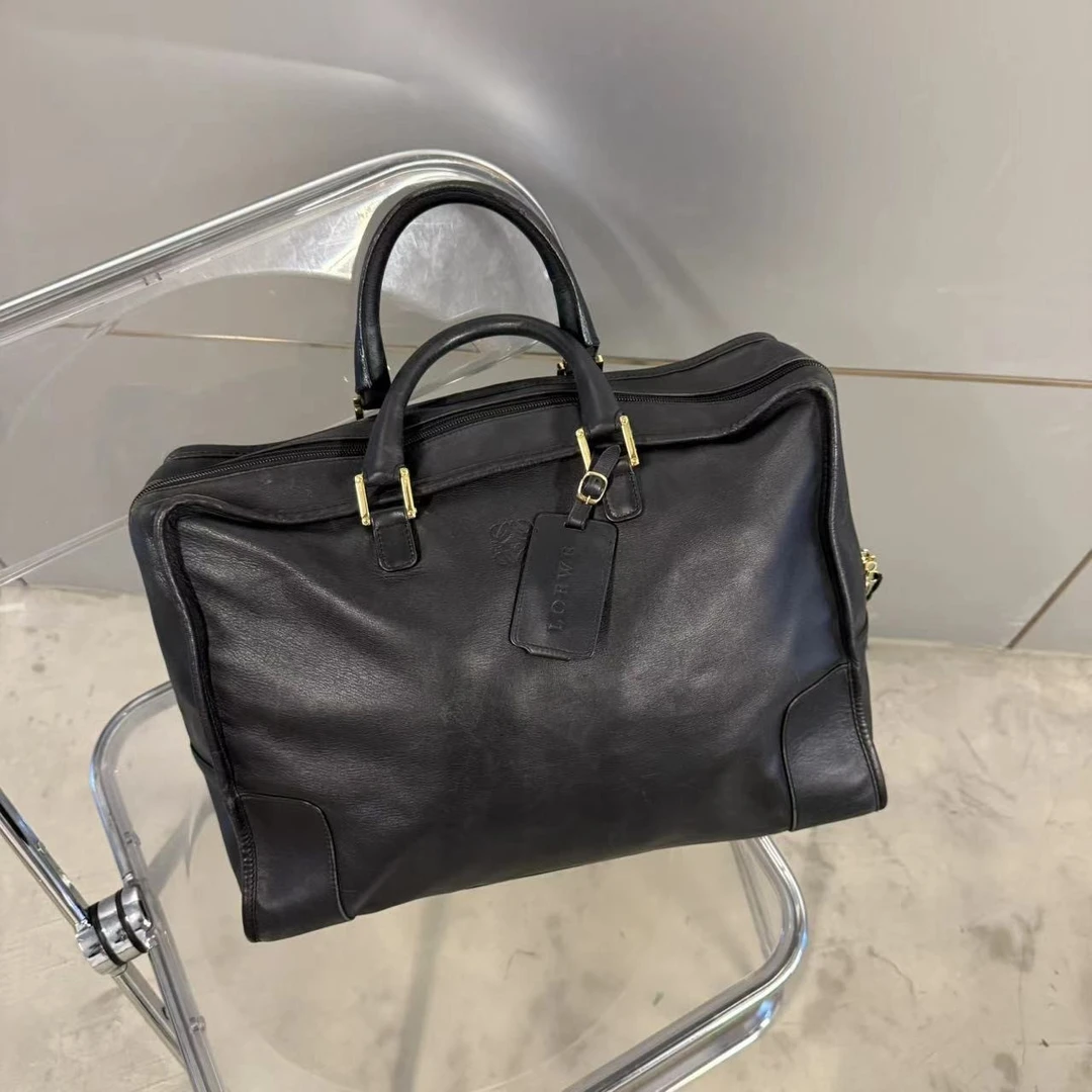 95新 LOEWE/罗意威 玖拾 质感油蜡皮百搭黑色旅行手提包男包