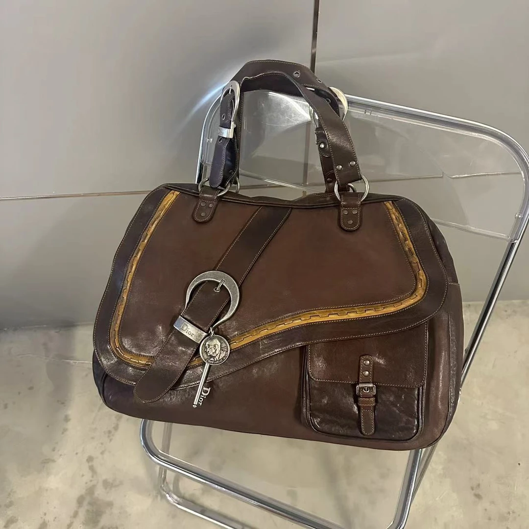 95新 DIOR/迪奥 大号高乔银币马鞍棕色斜挎包男士包