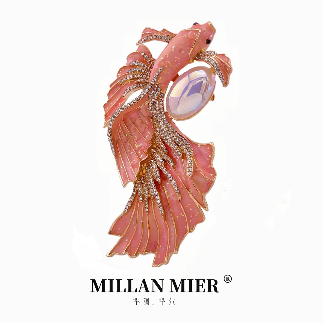 MillanMier 铜合金玻璃胸针 手工复古时尚蓝色锦鲤鱼胸针