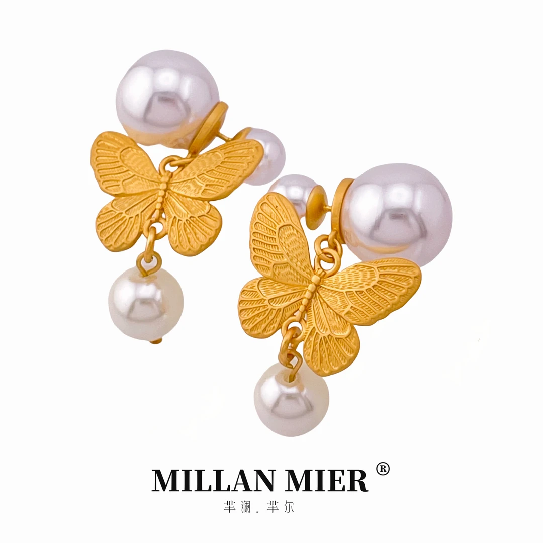 铜合金仿珍珠耳饰 时尚气质简约款中古蝴蝶双贝珠耳环