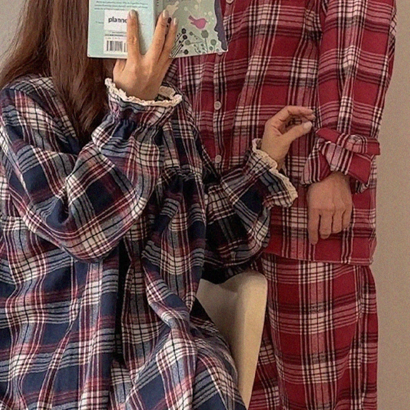 韩国Happyday睡衣 秋冬季磨毛格子蕾丝情侣棉长袖复古ins家居服