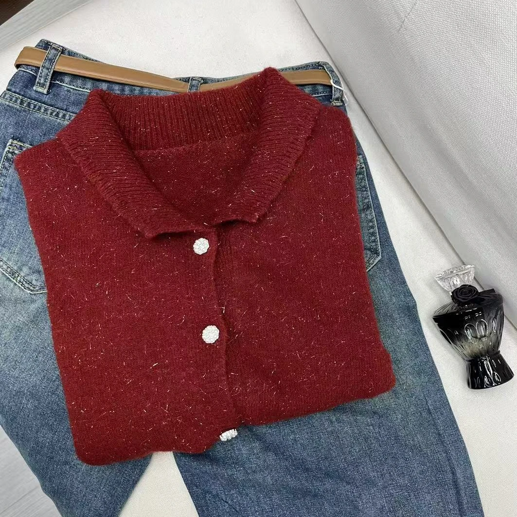 清-小慧家新款满天星翻领针织毛衣开衫红色-1820