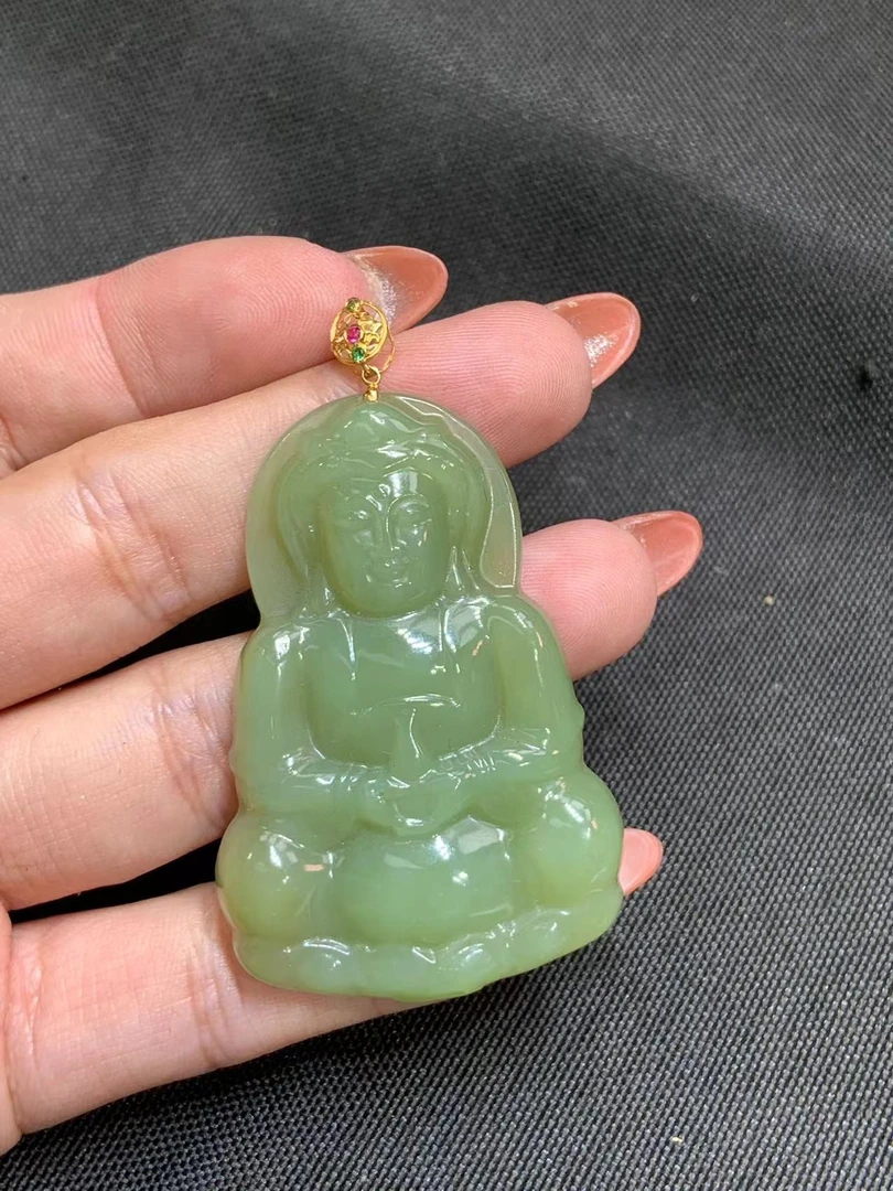 【一夕珠宝】18k和田玉观音吊坠丨天然玉石