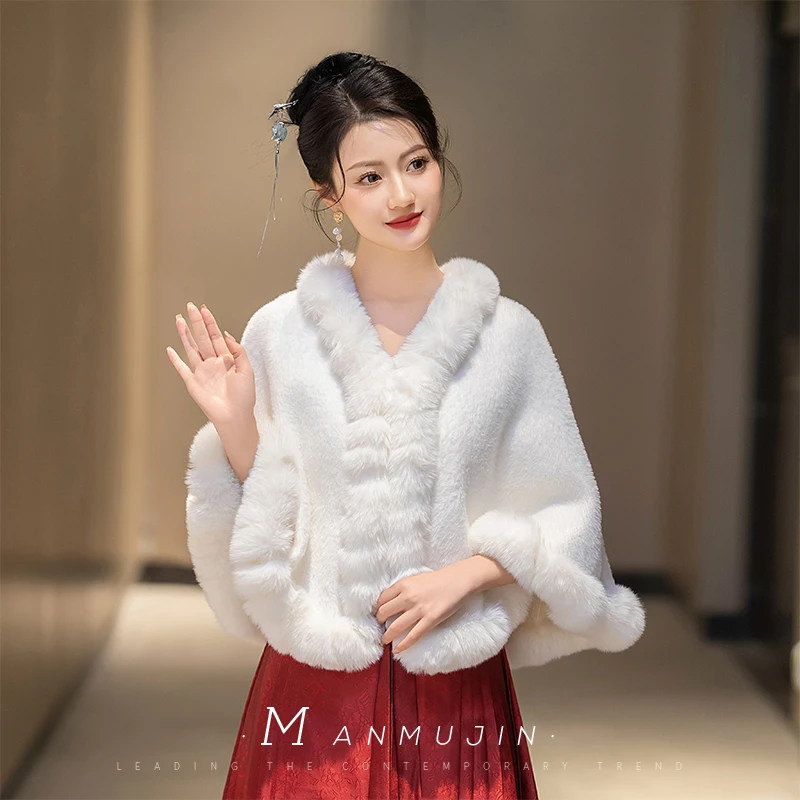 水貂绒毛披肩秋冬季保暖结婚纱敬酒礼服搭配旗袍外搭斗篷披风外套