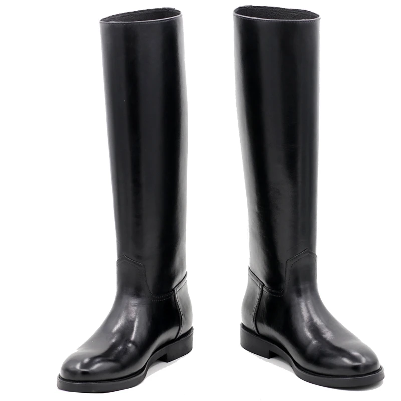 墨潇男士直筒马靴真皮工皮革圆头长筒仪仗靴硬筒百搭靴黑色秋冬