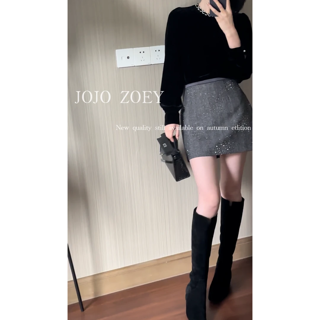 JOJO ZOEY镶钻圆领真丝丝绒长袖衫时尚百搭简约丝绒上衣cx-2455