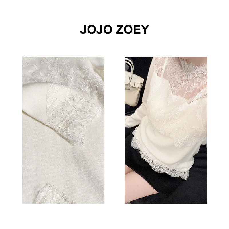 JOJO ZOEY 【清仓NO退换】法式蕾丝~一字领镂空拼接针织衫zz-2982