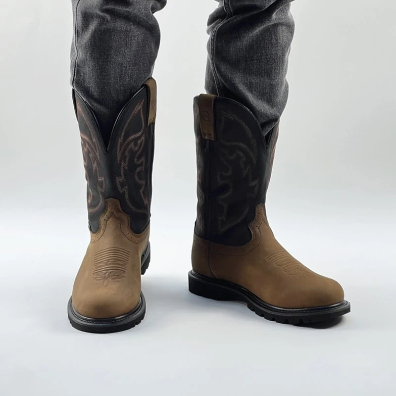 微瑕特价 牛皮骑士马靴圆头复古西部牛仔靴套筒刺绣结实男靴马靴