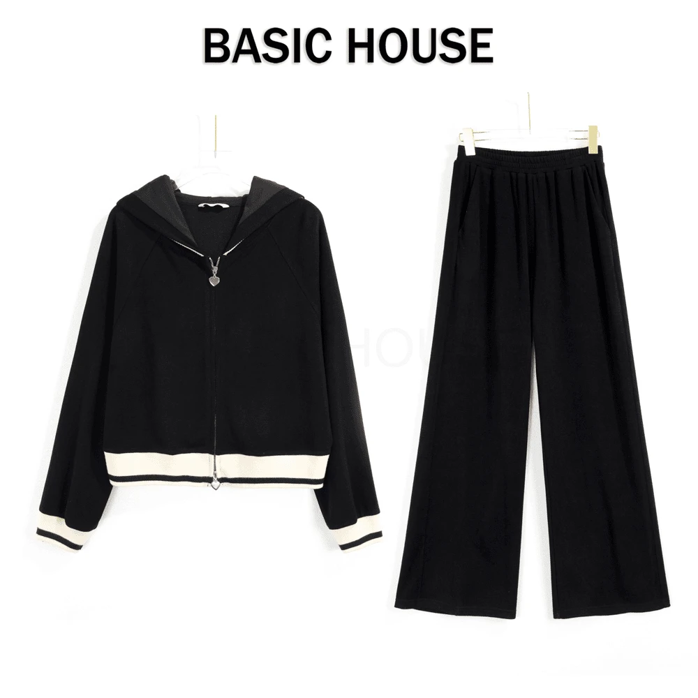 Basic House/百家好CSM连帽卫衣外套长裤两件套百搭女丹宁风穿搭