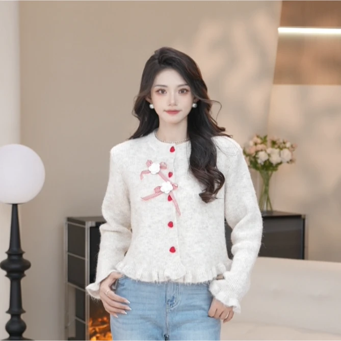 Basic House/百家好SDB秋季新款洋气设计感长袖针织领结开衫气质