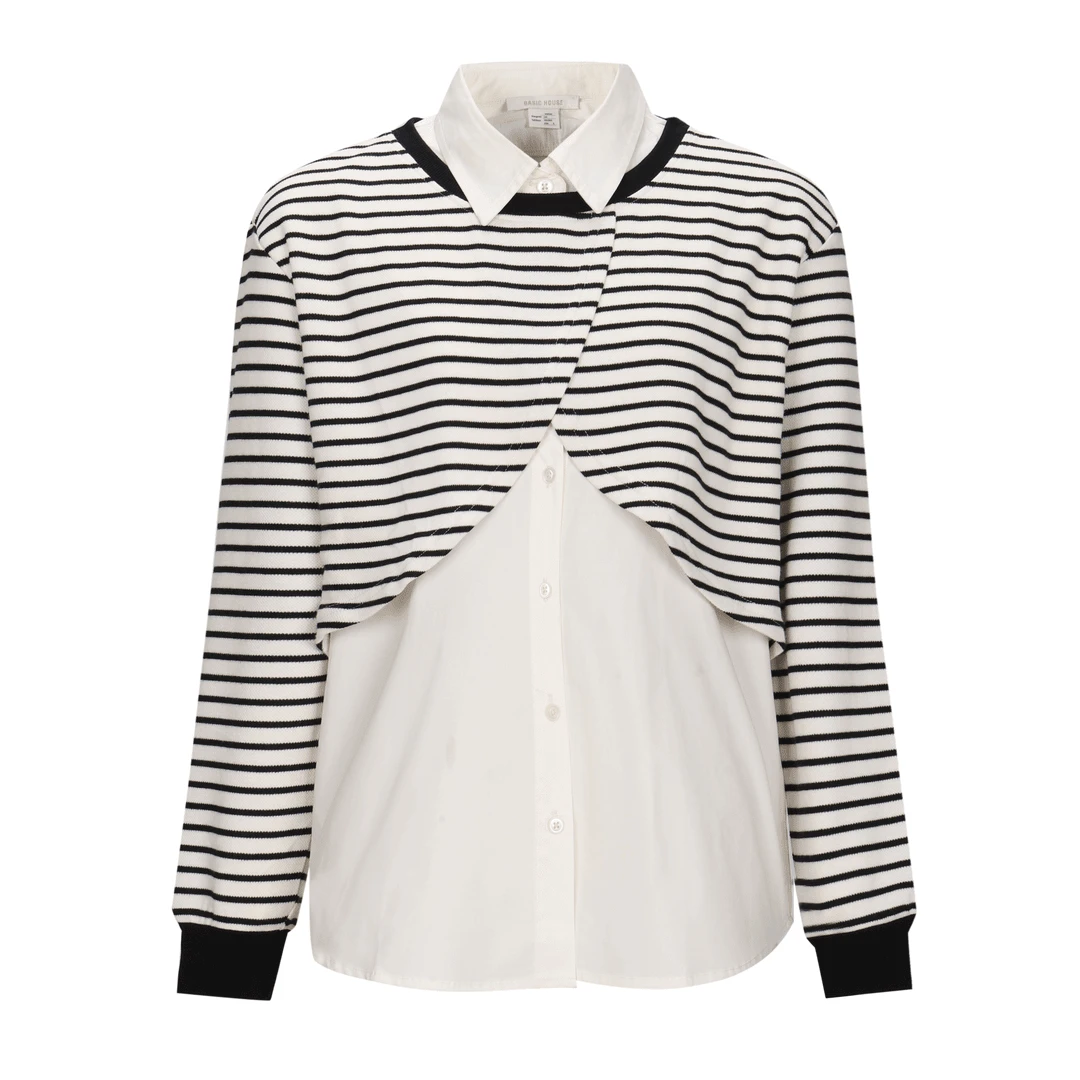 Basic House/百家好CSM条纹拼接假两件新款宽松衬衫B0603B54342