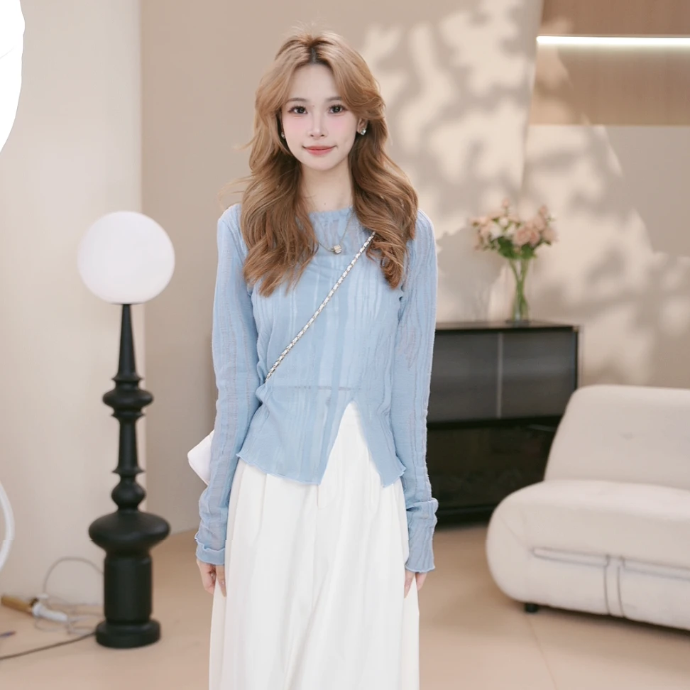 Basic House/百家好CSM小众肌理感开叉长袖T恤显瘦百搭上衣女秋装