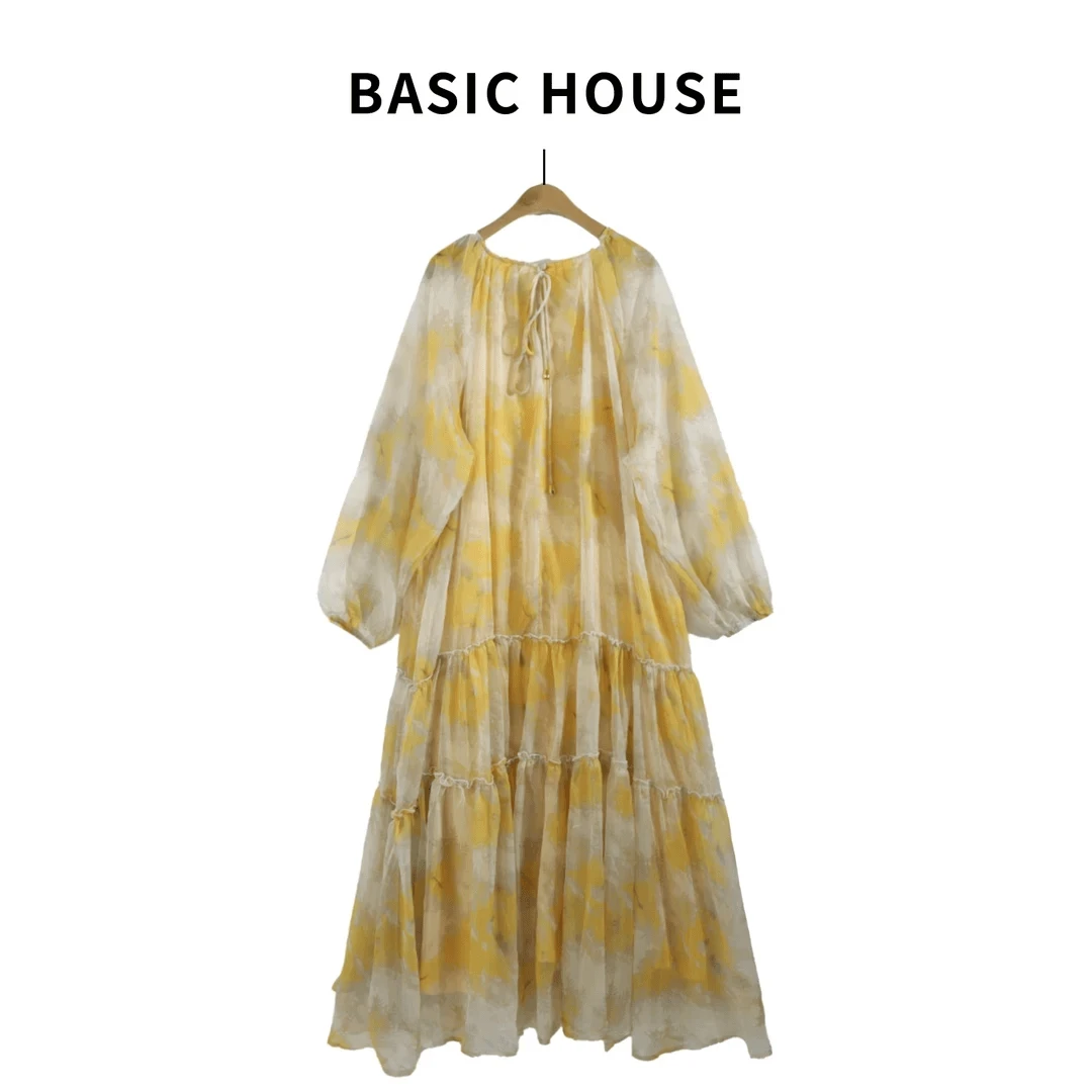 Basic House/百家好JH春夏时尚优雅显瘦气质黄色碎花女装连衣裙