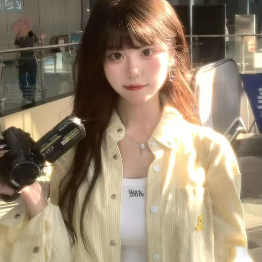 美式复古刺绣小狗黄色条纹长袖衬衫女秋季设计感小众休闲百搭上衣