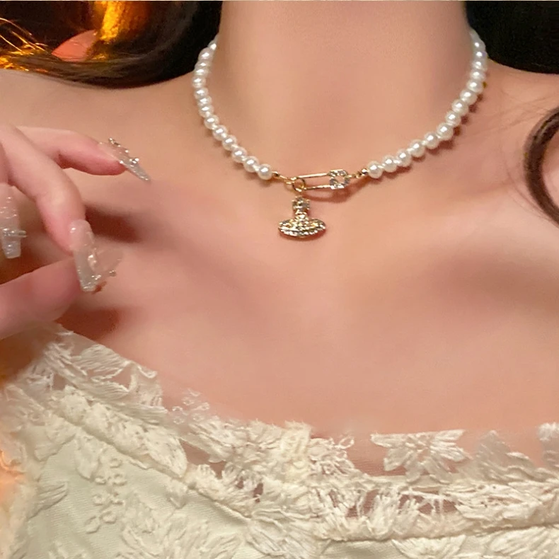 【银葵】西太后土星珍珠项链女镶钻星球别针