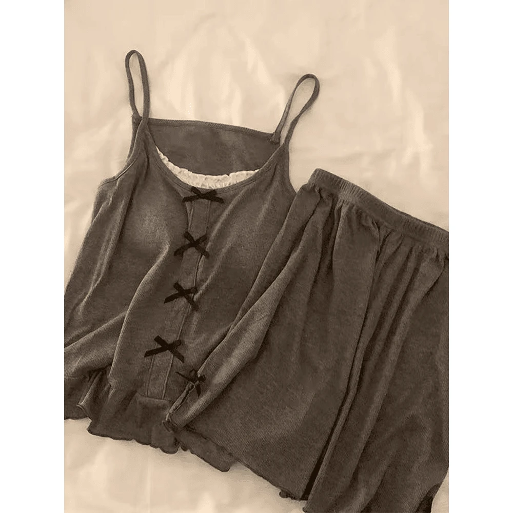 睡衣女春夏季新款夏带胸垫灰色吊带冰丝螺纹高级感网红家居服套装