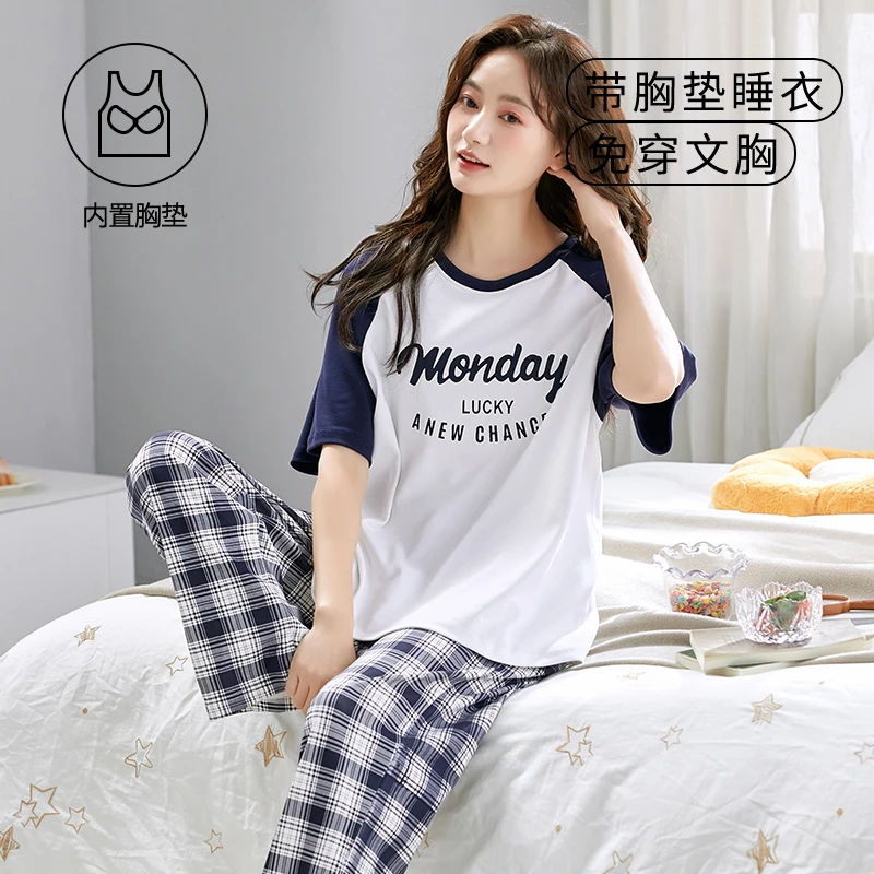 新款初中生大童学生睡衣可外穿带胸垫防凸点短袖长裤加大码家居服