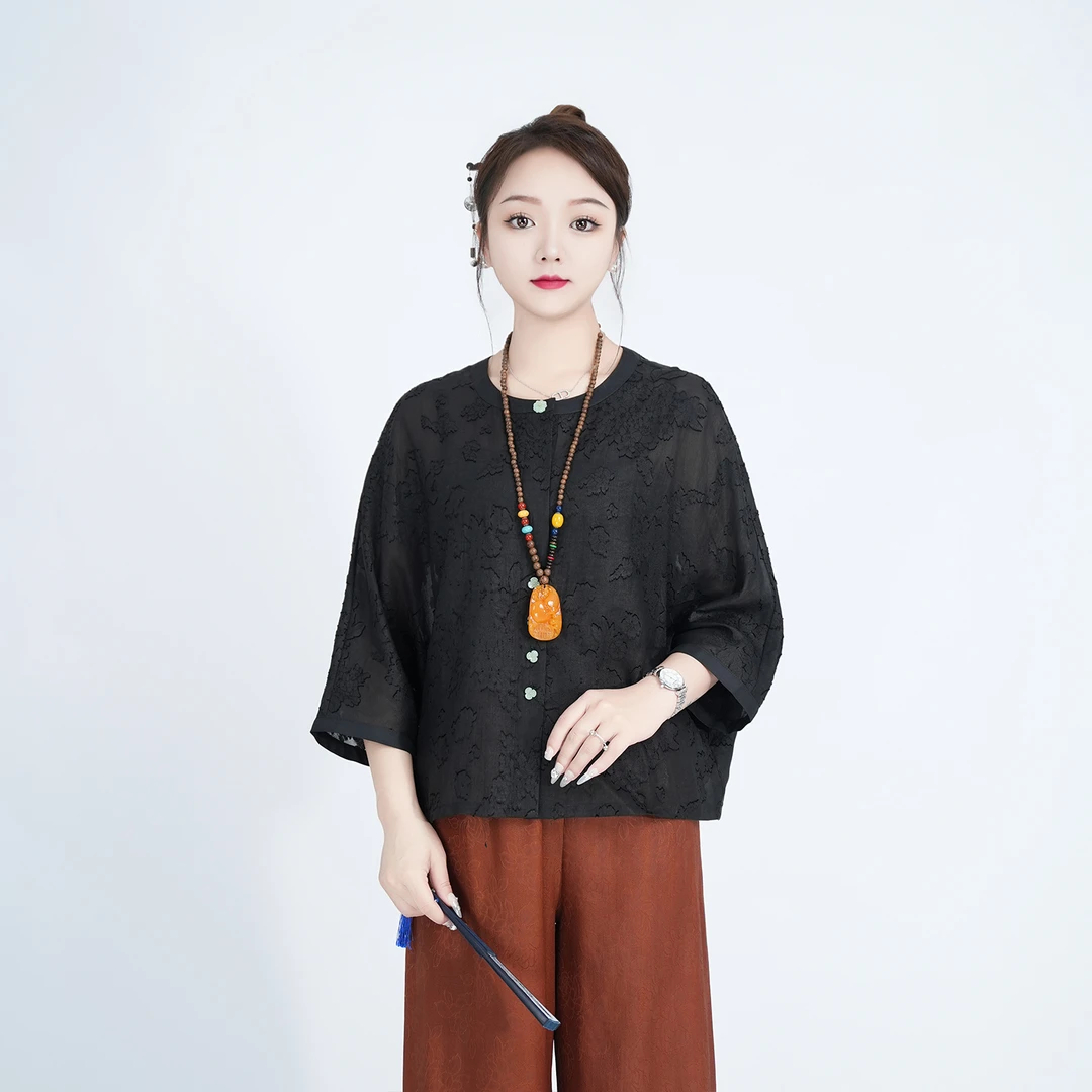 【香绫-香云纱】-伊人-新中式复古女装圆领落肩上衣开衫8123643