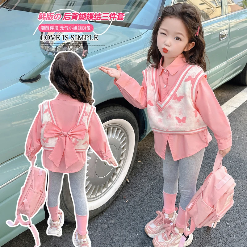 女童套装洋气爆款儿童衬衫马甲打底裤三件套小女孩宝宝春秋装新款