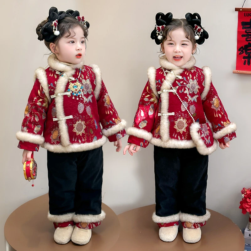 女童中国风拜年服套装新中式喜庆儿童加厚唐装汉服两件套女孩宝宝