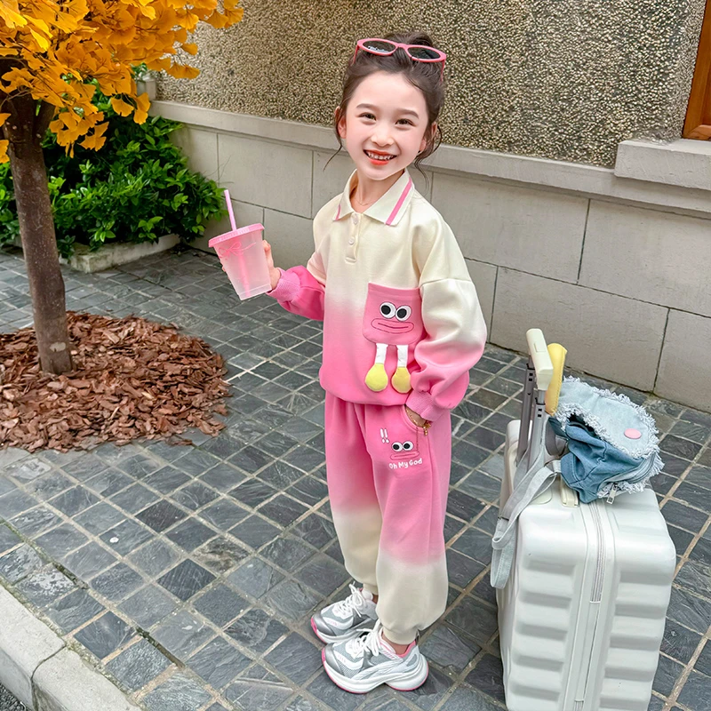 女童套装春秋装洋气渐变色儿童卫衣休闲polo两件小女孩宝宝运动装