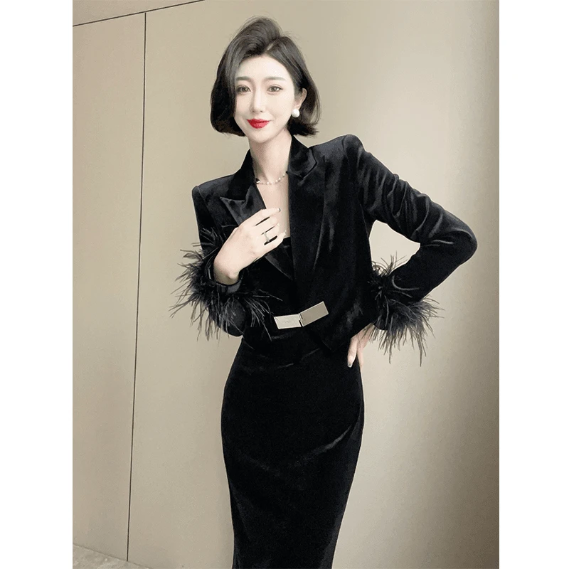 高档女装外套秋冬短款长袖气质西装毛毛法式时髦短外套9213