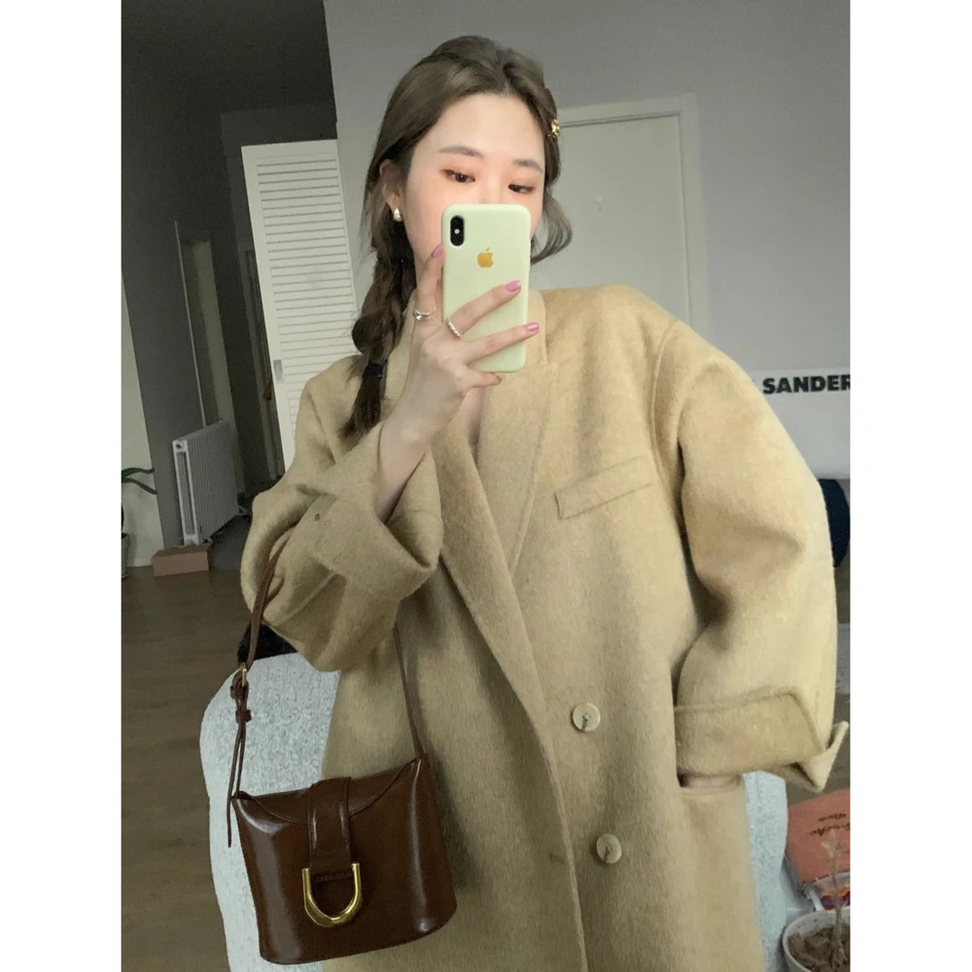 黄色毛呢外套女秋冬季新款韩系夹棉加厚中长款小个子呢子大衣百搭