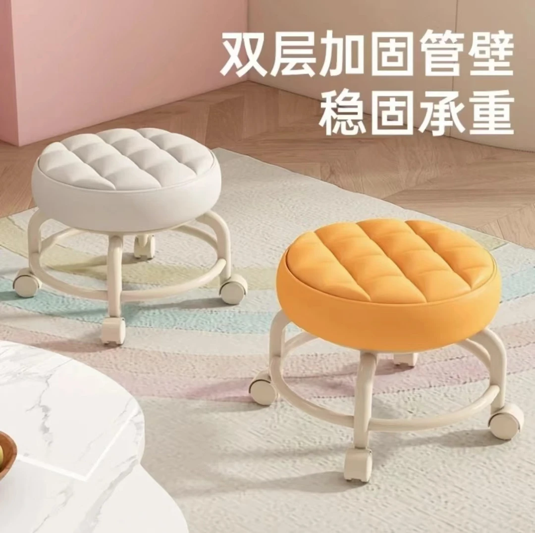 【颜色随机】家用滑轮矮凳美缝儿美甲擦地带娃圆凳儿童学步移动凳子