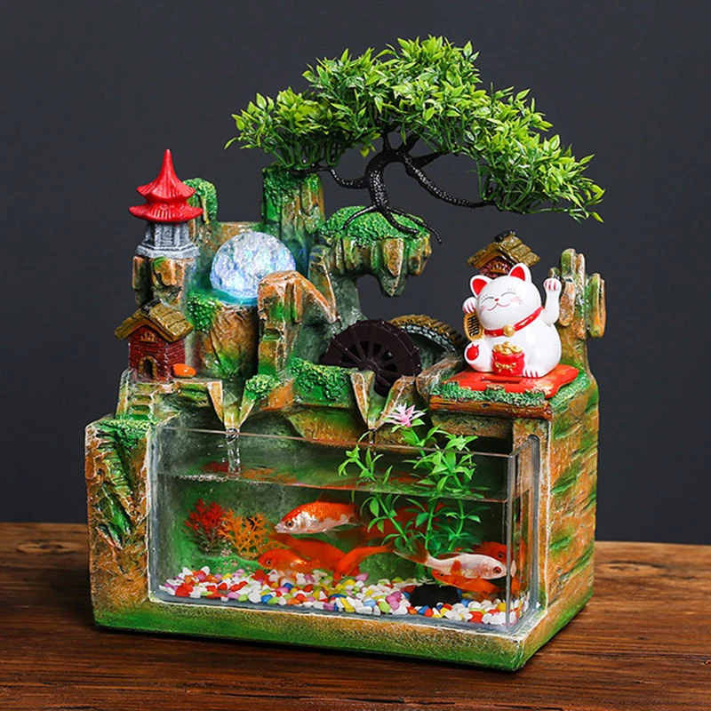 假山流水喷泉鱼缸家用循环水桌面招财猫摆件室内客厅装饰开业送礼