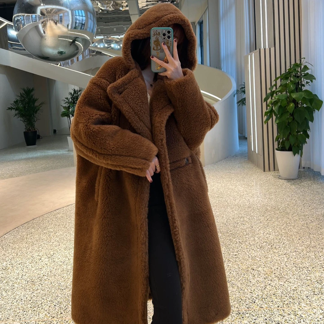 M家 戴帽款 宽松保暖时尚百搭连帽过膝冬季节长款毛呢外套