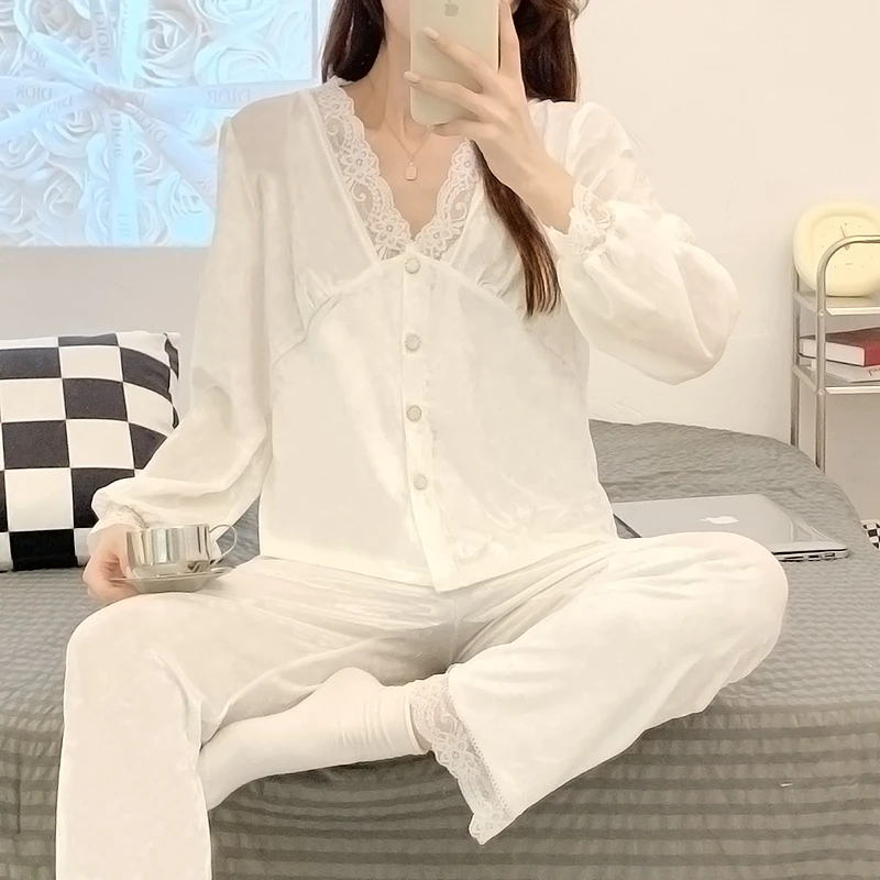 春秋款睡衣女长袖花边2024年新款性感网红气质V领套装314