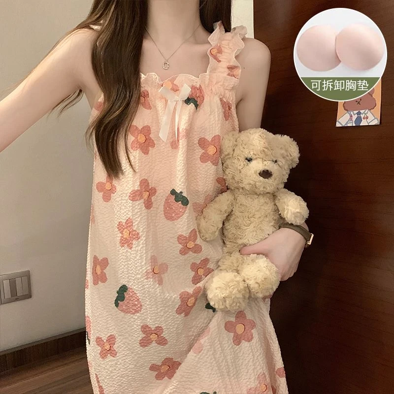 带胸垫睡裙女夏季无袖背心裙宽松大码高级感荷叶边夏天家居服QSM