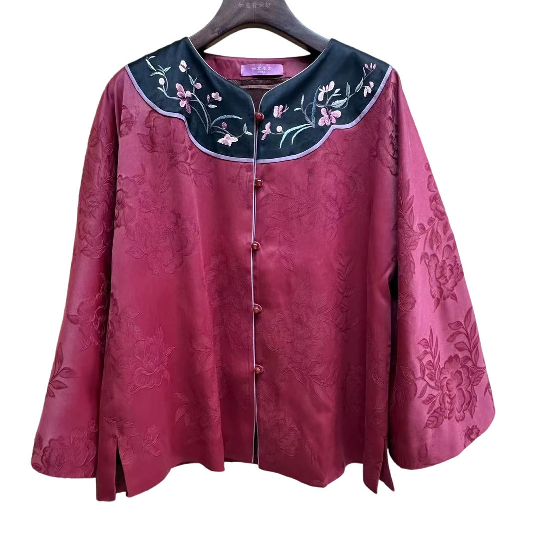 【如意家香云纱】a225 开襟红色气质网红时尚新中式国风圆领绣花