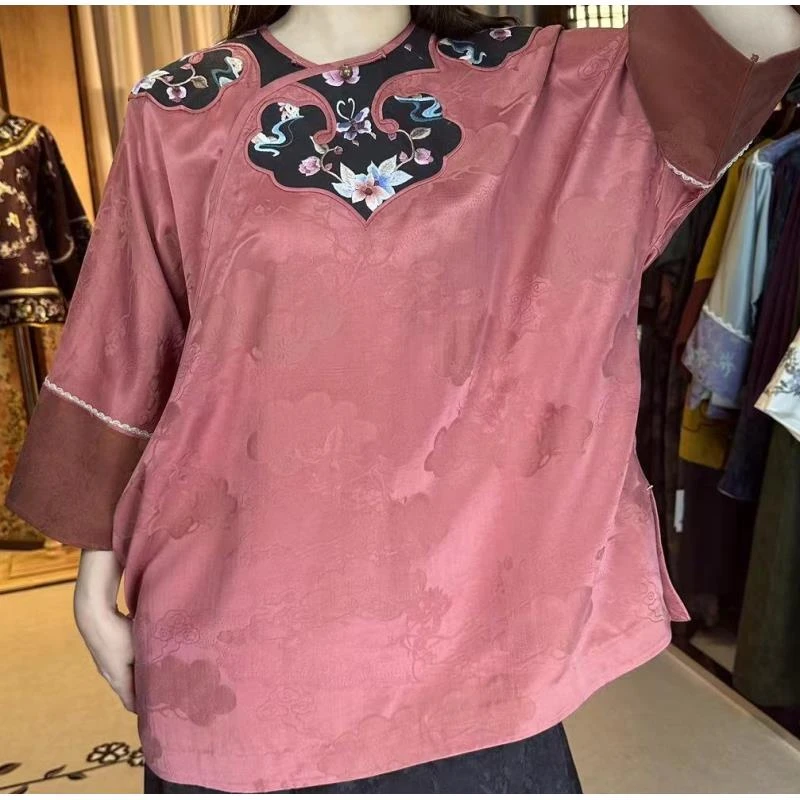 【如意家香云纱】网红新中式复古国风长款紫色提花斜襟 ry0259