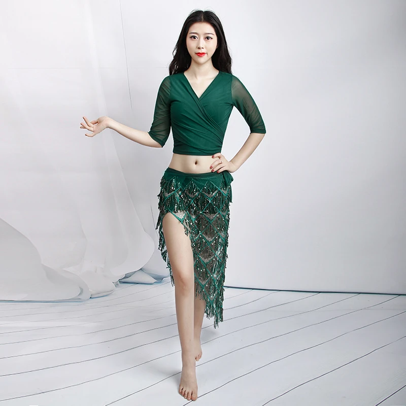 肚皮舞练功服女性感网纱交叉绑带上衣