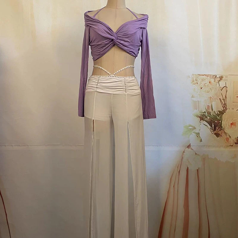 肚皮舞秋冬新款练功服套装女性感V领舒适长袖上衣高腰开叉直筒裤