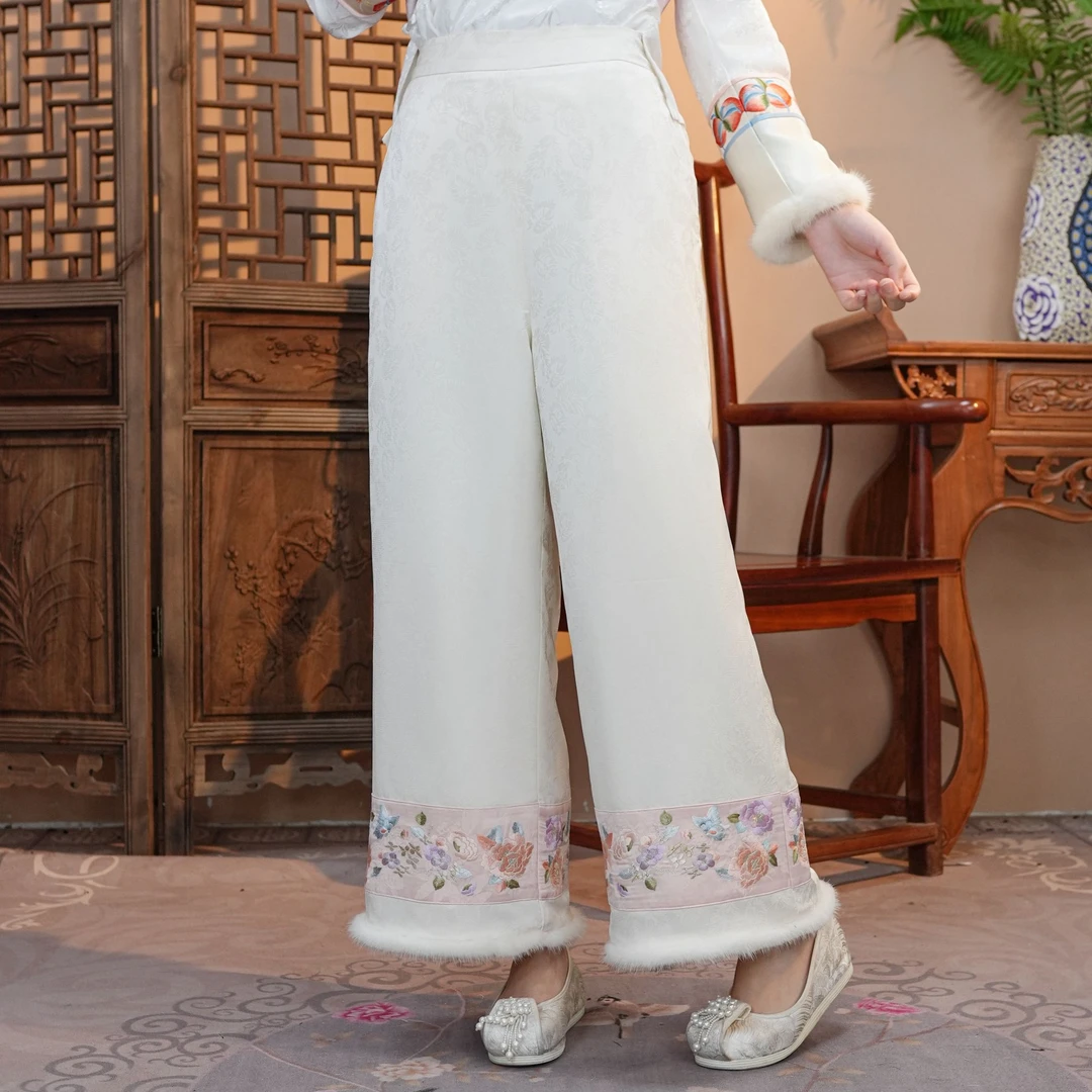 【红人上新】[时月] 秋冬加厚新中式国风棉裤直筒水貂毛绣花阔腿裤